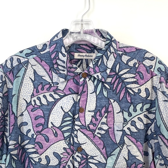 Tommy Bahama Men's L Blue Purple Leaf Hawaiian Camp Button Up Shirt Silk Blend - Picture 1 of 10